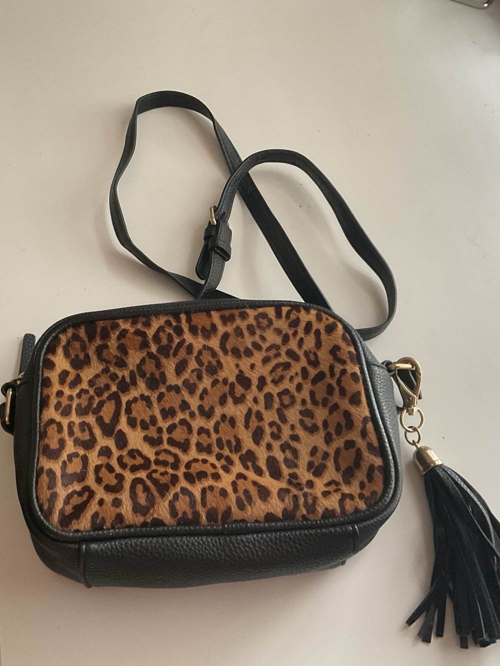 Leopard Print Crossbody Bag with Black Trim and Tassel